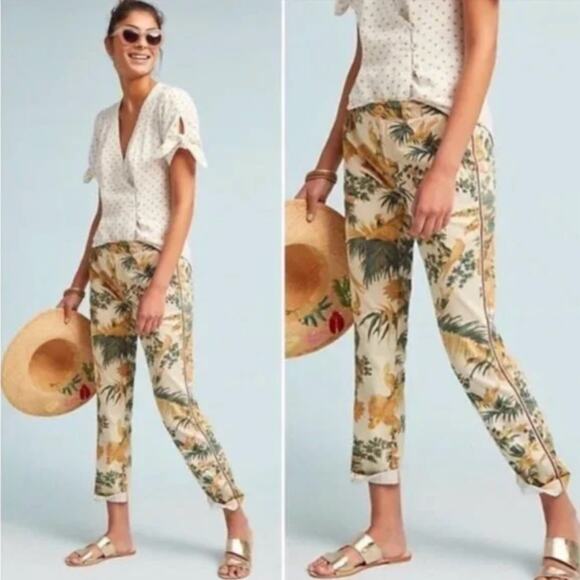 Anthropologie Chino Relaxed Pants Floral bird pattern cotton stretch zip button - Picture 1 of 11